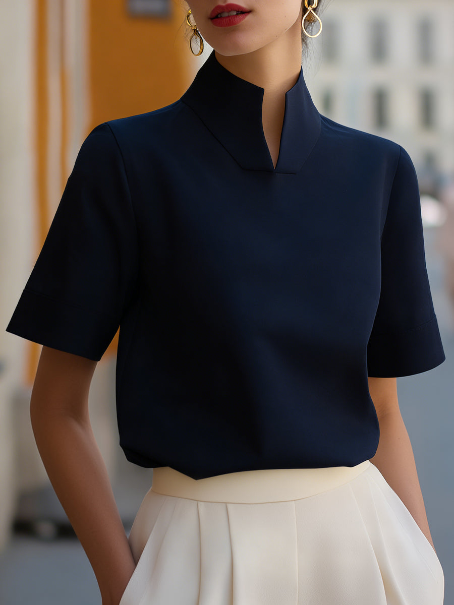 Refined Stand Collar Tailored Blouse