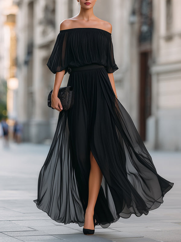 Pleated Off-Shoulder Elegance Maxi Dress