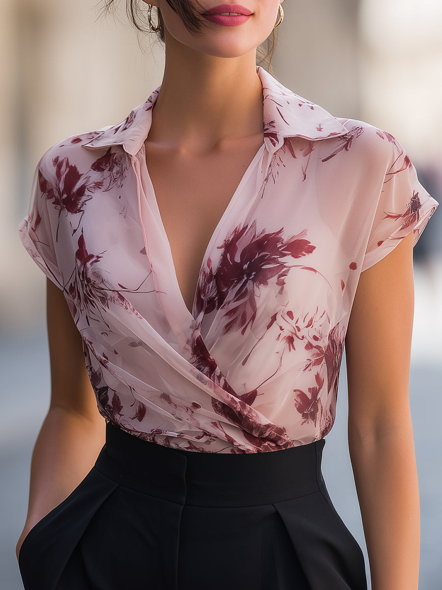 Floral Draped Collar Elegant Blouse
