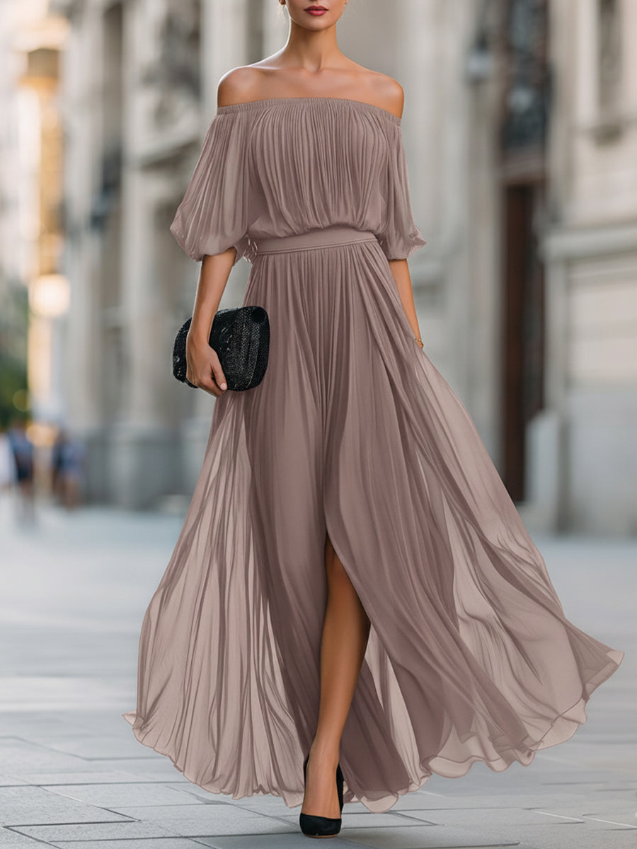Pleated Off-Shoulder Elegance Maxi Dress
