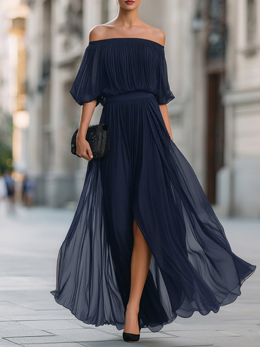 Pleated Off-Shoulder Elegance Maxi Dress